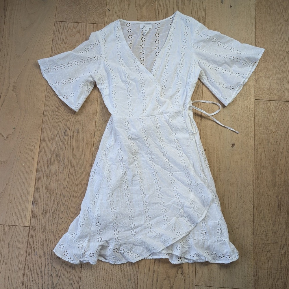Japna White Cotton Eyelet Wrap Mini Dress Short Flutter Sleeve Ruffle Hem Size M